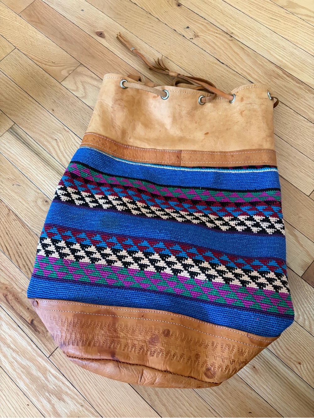 Vintage Boho Blue Woven Bucket backpack bag with